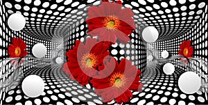 3d wallpaper, red gerberas and sphere on optical illusions background