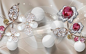 3d wallpaper red and silver diamond flowers with white big balls on background