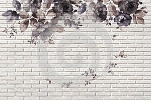 3d wallpaper, roses on white brick texture. The fresco effect.