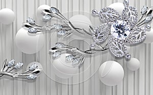 3d wallpaper silver jewelry flowers on big gray balls background