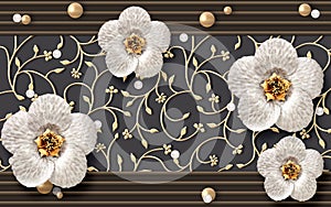 3d wallpaper silver jewelry flowers on black frame background