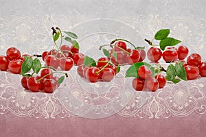 3d wallpaper,Sweet red cherries with leaves on concrete wall background. Murals effect.