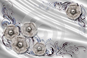 3D wallpaper teture, silver Jewelry flowers on grey silk.