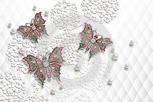 3d wallpaper texture, cultivated flowers, jewelry butterflies, pearls on white background.