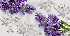3d wallpaper texture,  lavender and pearls on watercolor paper, delicate flower design