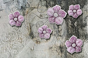 3d wallpaper texture, purple jewelry  flowers, lace on concrete wall background. Murals effect.