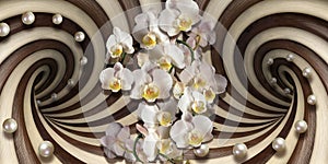 3d wallpaper texture, white orchids, pearls on optical illusions background