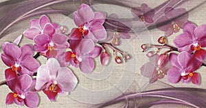3d wallpaper texture, yellow orchids, pearls on white abstract background3d wallpaper texture, pink orchids on fabric canvas textu