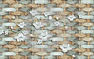 3d wallpaper twigs of flowers on a background of stones