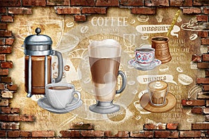 3d wallpaper Vintage hand drawn coffee shop background wall Decors