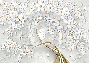 3d wallpaper for wall . mural tree with golden stem and golden pearl with white flowers . Abstract floral background .