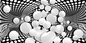 3d wallpaper, white sphere on optical illusions background. Black and white