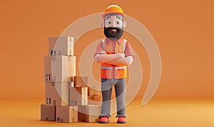 3d warehouse worker with arms folded. Cardboard parcels. Storage space. Orange background