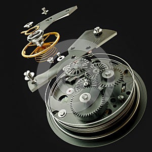 3d watch mechanism on black background.