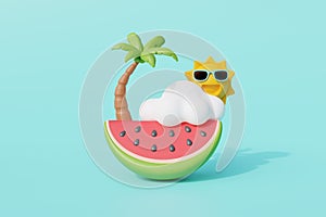 3d Watermelon with coconut tree, sun and clound, Summer tropical beach on a sunny day. Summer vacation. 3d rendering