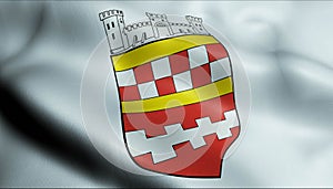 3D Waving Germany City Coat of Arms Flag of Bergneustadt Closeup View