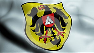 3D Waving Germany City Coat of Arms Flag of Breisach Closeup View