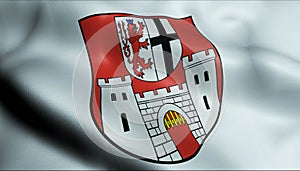 3D Waving Germany City Coat of Arms Flag of Konigswinter Closeup View