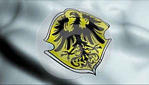 3D Waving Germany City Coat of Arms Flag of Oppenheim Closeup View