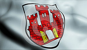 3D Waving Germany City Coat of Arms Flag of Weilheim in Oberbayern Closeup View