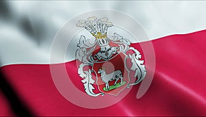 3D Waving Poland City Flag of Dobra Closeup View