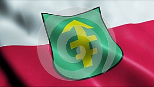 3D Waving Poland City Flag of Krzyz Wielkopolski Closeup View