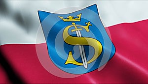 3D Waving Poland City Flag of Skawina Closeup View