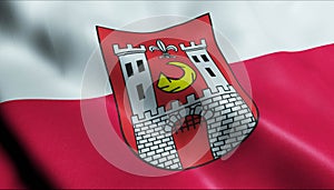 3D Waving Poland City Flag of SÅ‚awa Closeup View