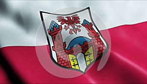 3D Waving Poland City Flag of Trzcinsko Zdroj Closeup View