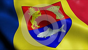 3D Waving Romania County Flag of Dolj Closeup View