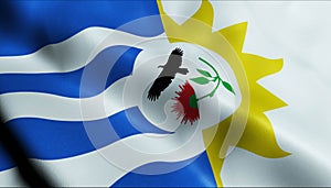 3D Waving Uruguay Department Flag of Treinta y Tres Closeup View