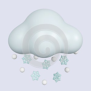 3d weather. Cloud with snow and snowflakes .snowy day. icon isolated on gray background. 3d rendering illustration