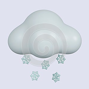 3d weather. Cloud with snowflakes .snowy day. icon isolated on gray background. 3d rendering illustration. Clipping path