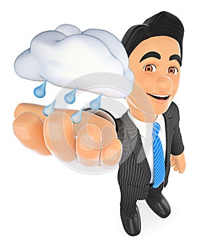 3D Weather man with a cloud with rain. Rainy day