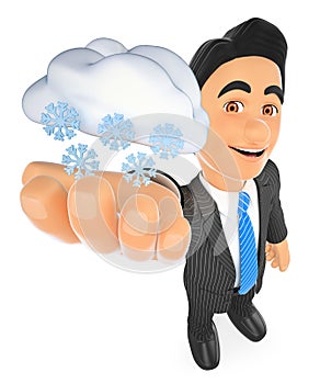 3D Weather man with cloud and snow. Snowing day