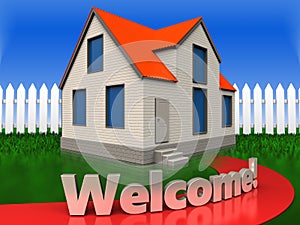 3d welcome sign over grass and fence