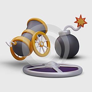 3D wheel cannon, round shield, cannonball with burning fuse. Vector composition