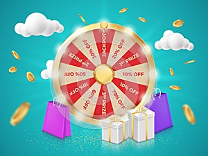 3D wheel spin. Roulette win. Shopping sale raffle. Lucky prize. Rotating circle. Offer or discount. Jackpot of lottery