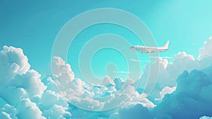 3D white airplane flying on blue sky landscape with cloud, modern illustration, realistic banner with blank passenger