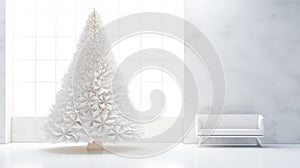 3D white alternative paper Christmas tree. White background, web banner, postcard with minimal paper christmas tree