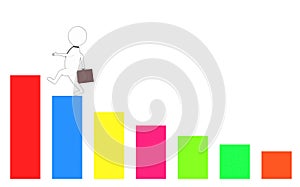 3d white - black outer lined character holding a briefcase and wallking on the top of a increasng statitics bar graph