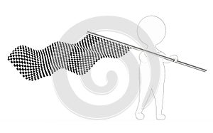 3d white - black outer lined character waving a checker flag