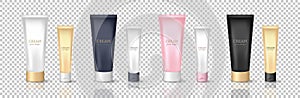 3D white, black, pink and dark blue cosmetic tubes