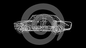 3D white car on black background. Object consisting of flickering particles. Science tutorial concept. Abstract backdrop