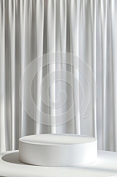 3d white ceramic display podium on table against white curtain background. 3d rendering of realistic presentation for product