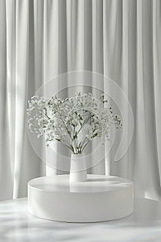 3d white ceramic display podium on table against white curtain background. 3d rendering of realistic presentation for product
