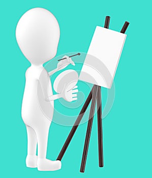 3d white character , artist , empty canvas , pallete , brush