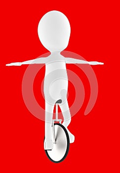 3d white character balancing and riding a unicycle