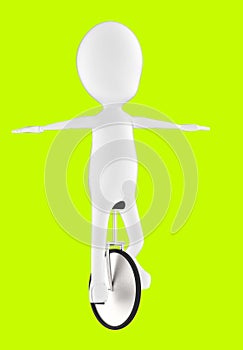 3d white character balancing and riding a unicycle