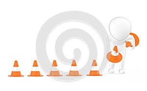 3d white character clearing or putting traffic cones concept